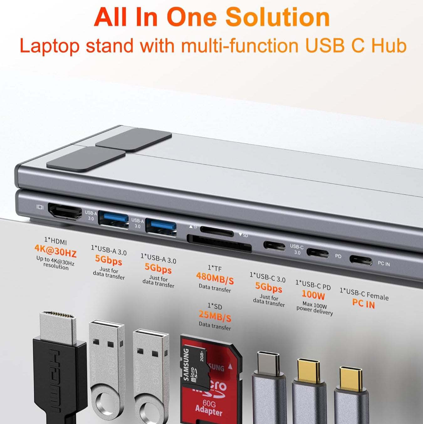 8-in-1 Laptop Stand Hub – USB-C Dock – Adjustable Ergonomic Riser for Neck Pain Relief & Posture Correction