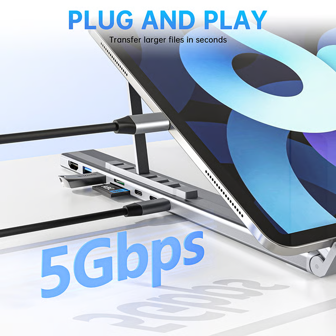8-in-1 Laptop Stand Hub – USB-C Dock – Adjustable Ergonomic Riser for Neck Pain Relief & Posture Correction