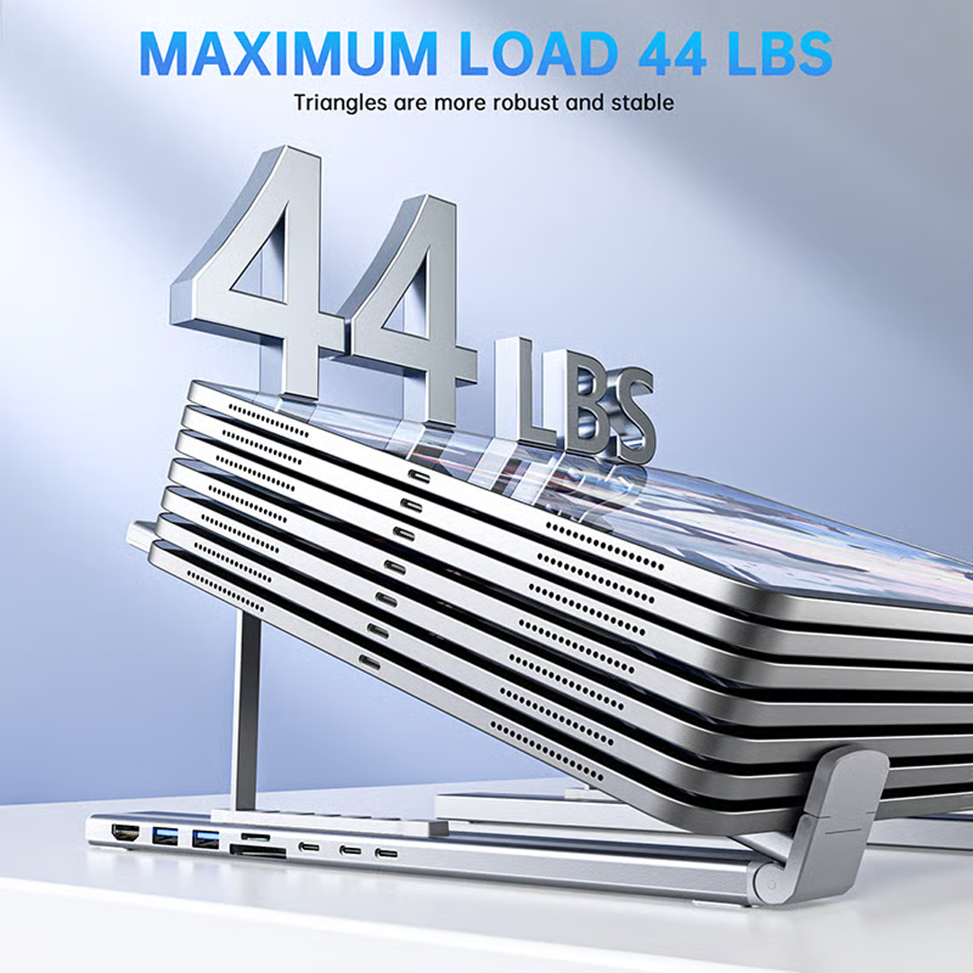 8-in-1 Laptop Stand Hub – USB-C Dock – Adjustable Ergonomic Riser for Neck Pain Relief & Posture Correction
