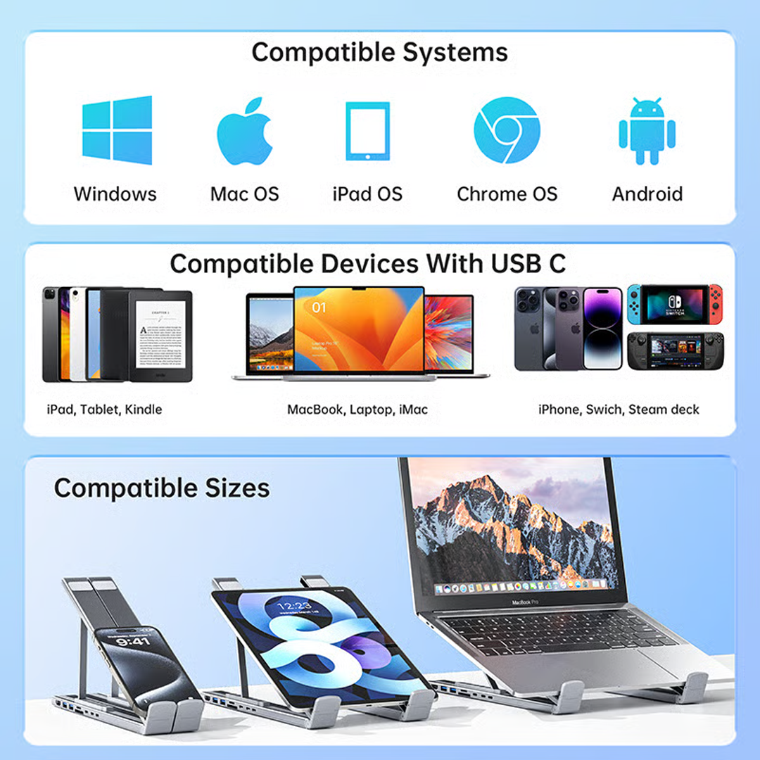 8-in-1 Laptop Stand Hub – USB-C Dock – Adjustable Ergonomic Riser for Neck Pain Relief & Posture Correction