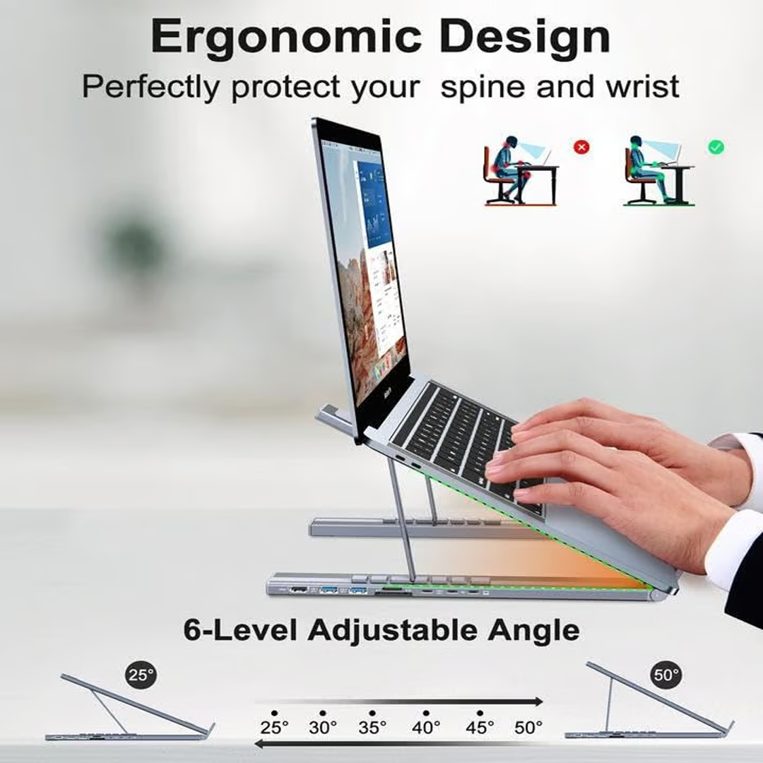 8-in-1 Laptop Stand Hub – USB-C Dock – Adjustable Ergonomic Riser for Neck Pain Relief & Posture Correction