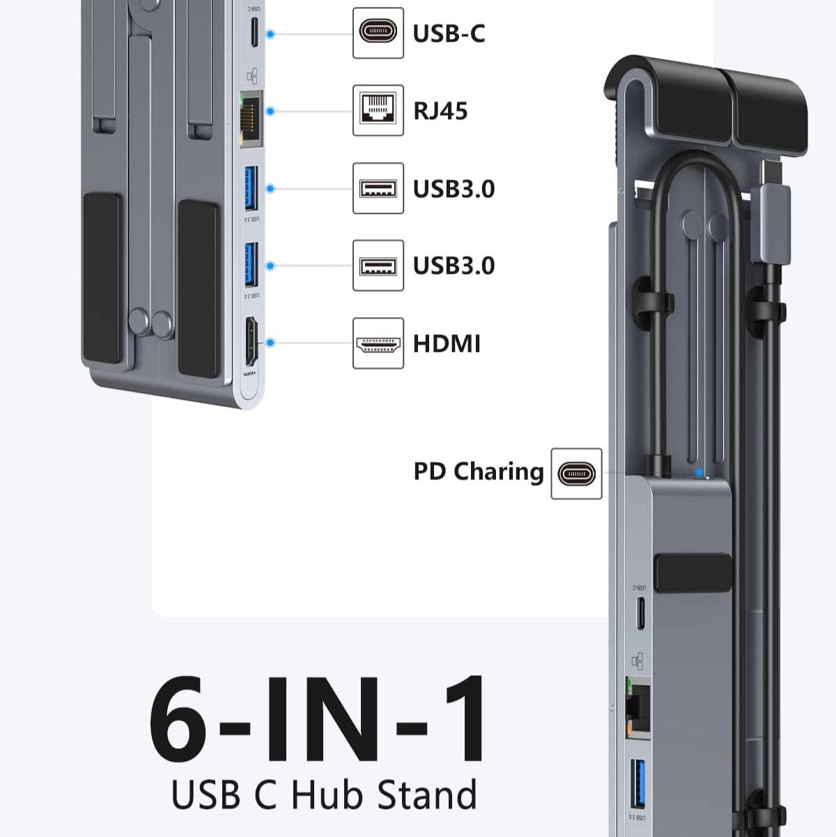 8-in-1 Laptop Stand Hub – USB-C Dock – Adjustable Ergonomic Riser for Neck Pain Relief & Posture Correction