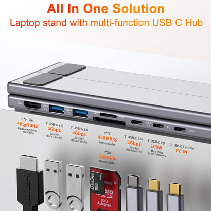 8-in-1 Laptop Stand Hub – USB-C Dock – Adjustable Ergonomic Riser for Neck Pain Relief & Posture Correction