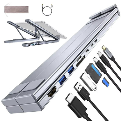 8-in-1 Laptop Stand Hub – USB-C Dock – Adjustable Ergonomic Riser for Neck Pain Relief & Posture Correction
